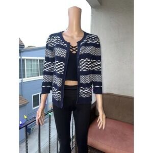 Merona Button-Up Womens Knit Sweater Cardigan 3/4 Sleeve Blue White S